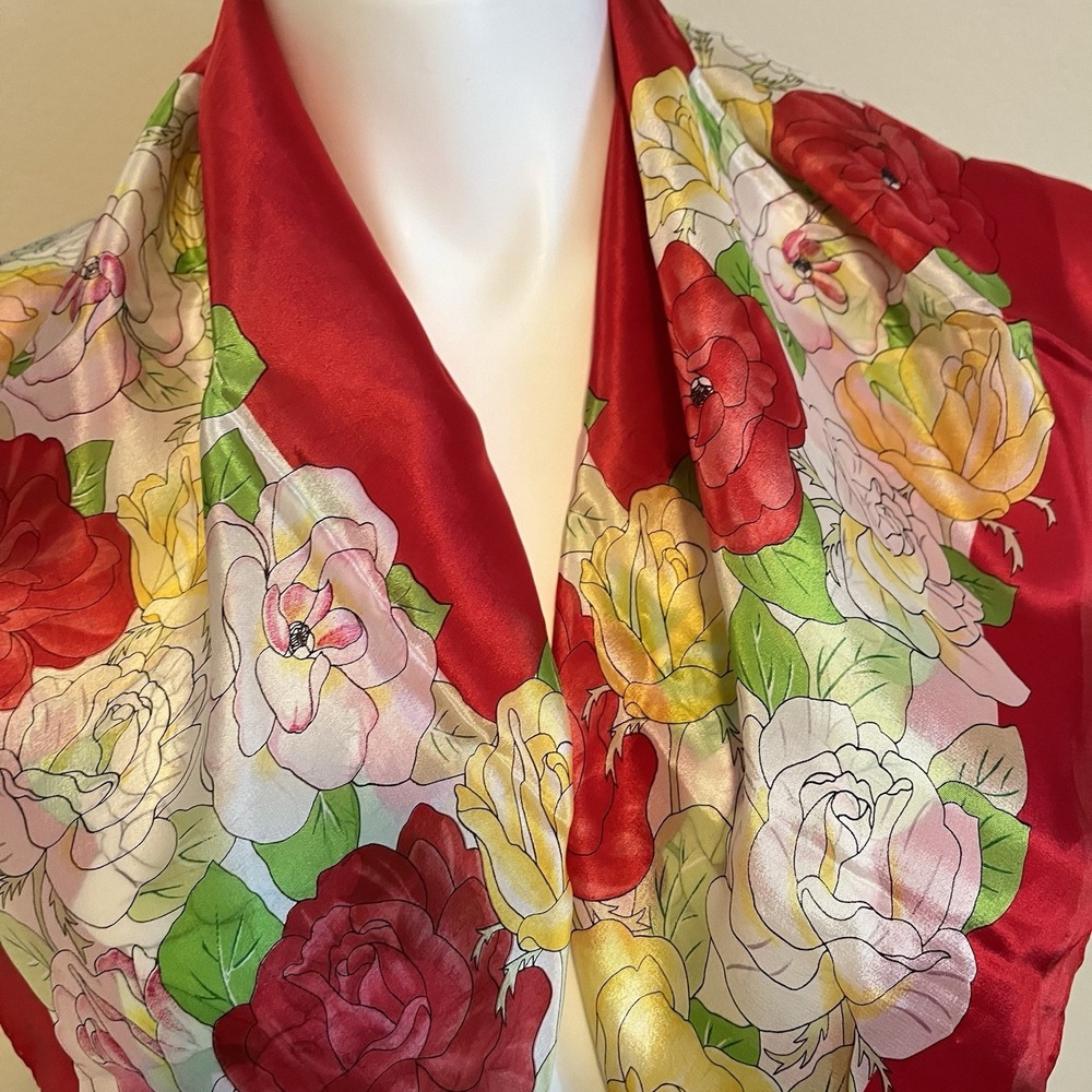 Vtg Worthington Tomato Red Floral Silk Scarf Square Classic Elegant Feminine NOS - Picture 2 of 7